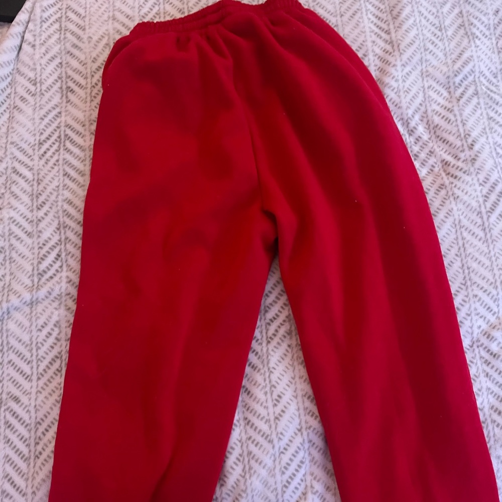 thick, red, soft sweatpants